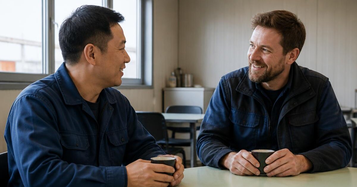 An Asian worker and a Bulgarian colleague talking in a plant break room – Primework Group article graphic