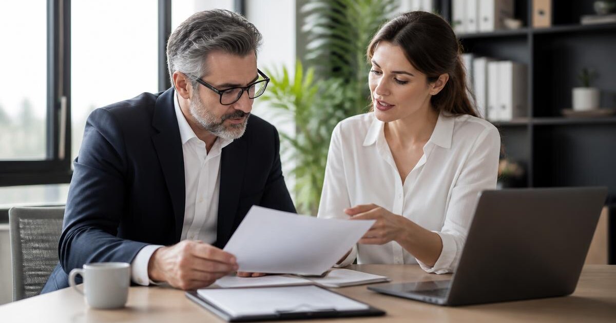 Работодател и HR специалист преглеждат документи за наемане на чуждестранен служител – графика на Primework Group